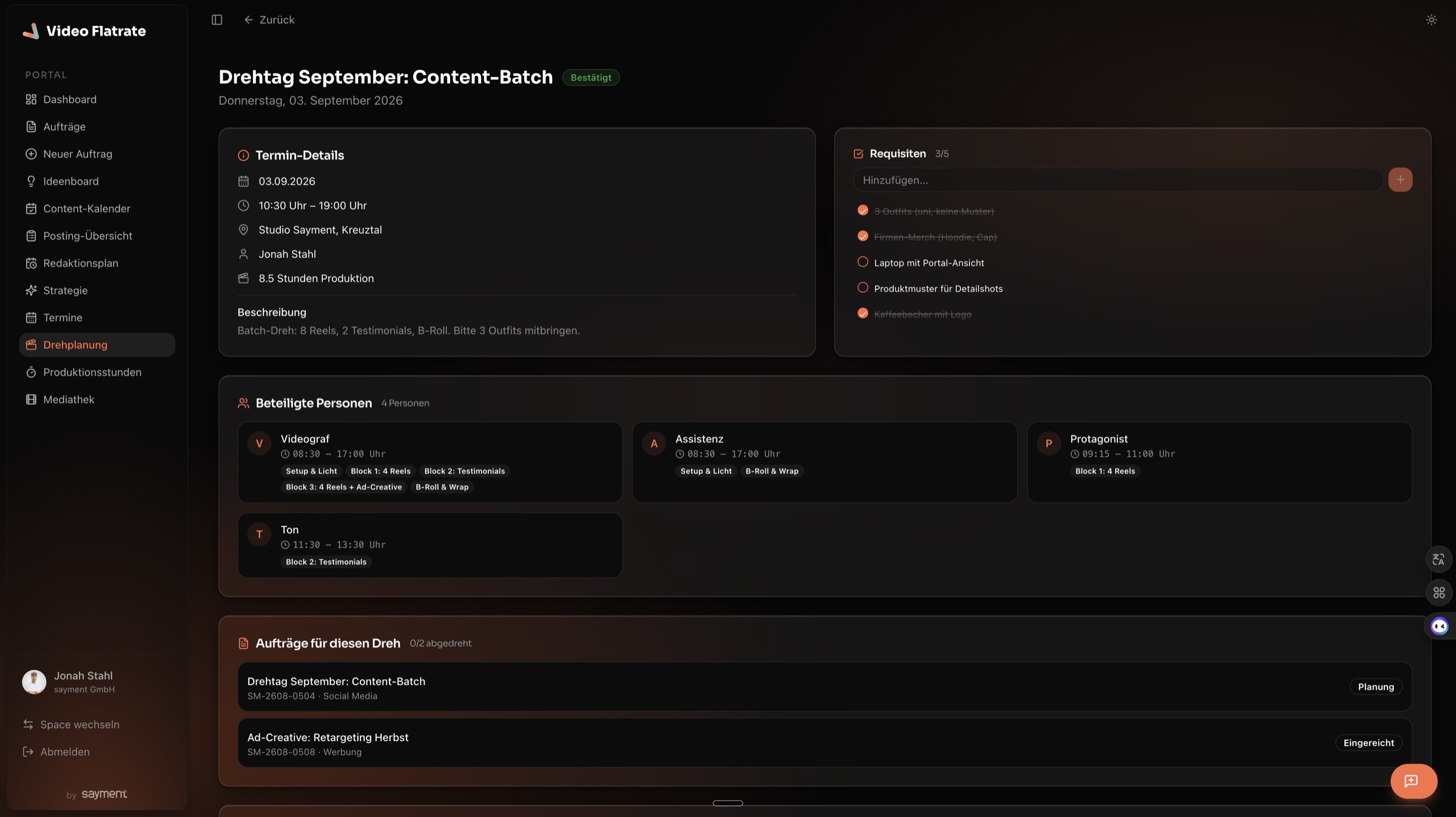 Drehplanung im Portal: Termin-Details, Requisiten-Checkliste, beteiligte Personen und die Aufträge des Drehtags.